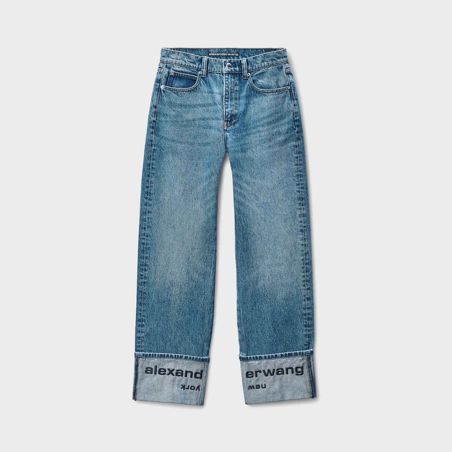 Women Kith T by Alexander Wang Mid Rise Straight Jean with Embroidered Cuff - Blu