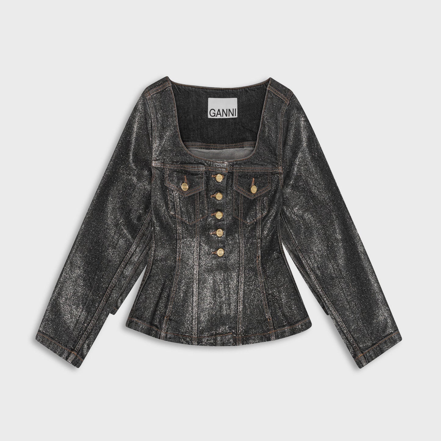 Women Kith Ganni Shimmery Foil Denim Fitted Blazer - Washed Black