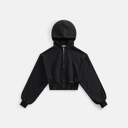 Women Kith T by Alexander Wang Cropped Zipup Hoodie with Branded Seam Label - Bla