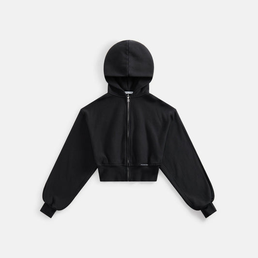 Women Kith T by Alexander Wang Cropped Zipup Hoodie with Branded Seam Label - Bla
