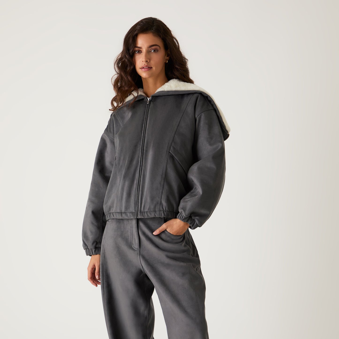 Women Kith Kith Women Nylas Microsuede Zip Hooded Bomber - Asteroid
