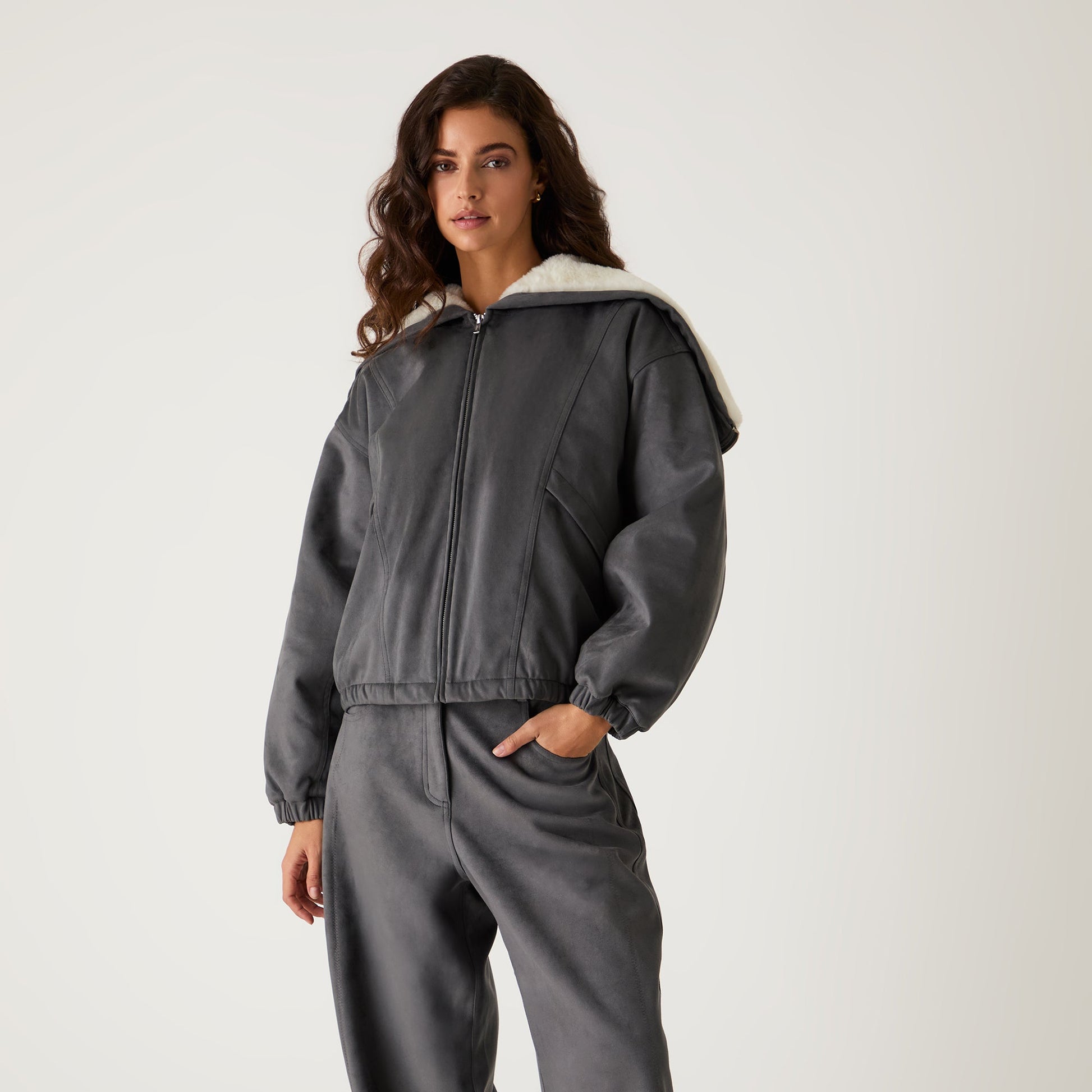 Women Kith Kith Women Nylas Microsuede Zip Hooded Bomber - Asteroid