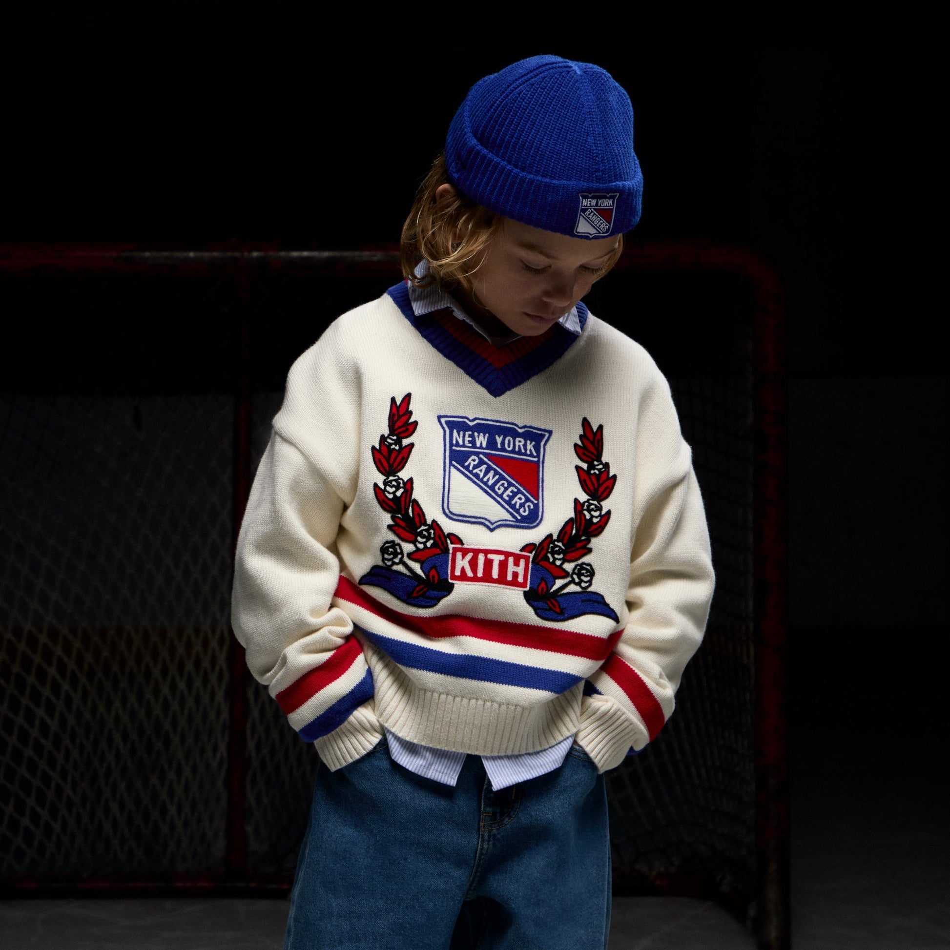 Kids Kith Kith Kids for the New York Rangers V-Neck Lewis Sweater - Sandrift