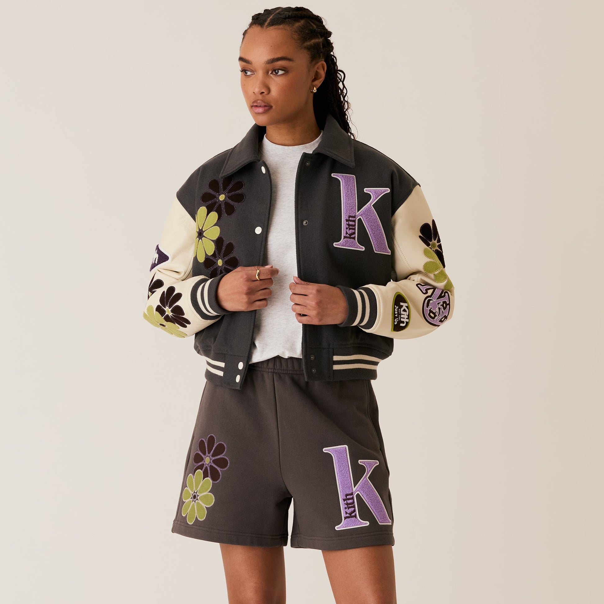Women Kith Kith Women Campbell Cropped Floral Varsity Jacket - Hematite