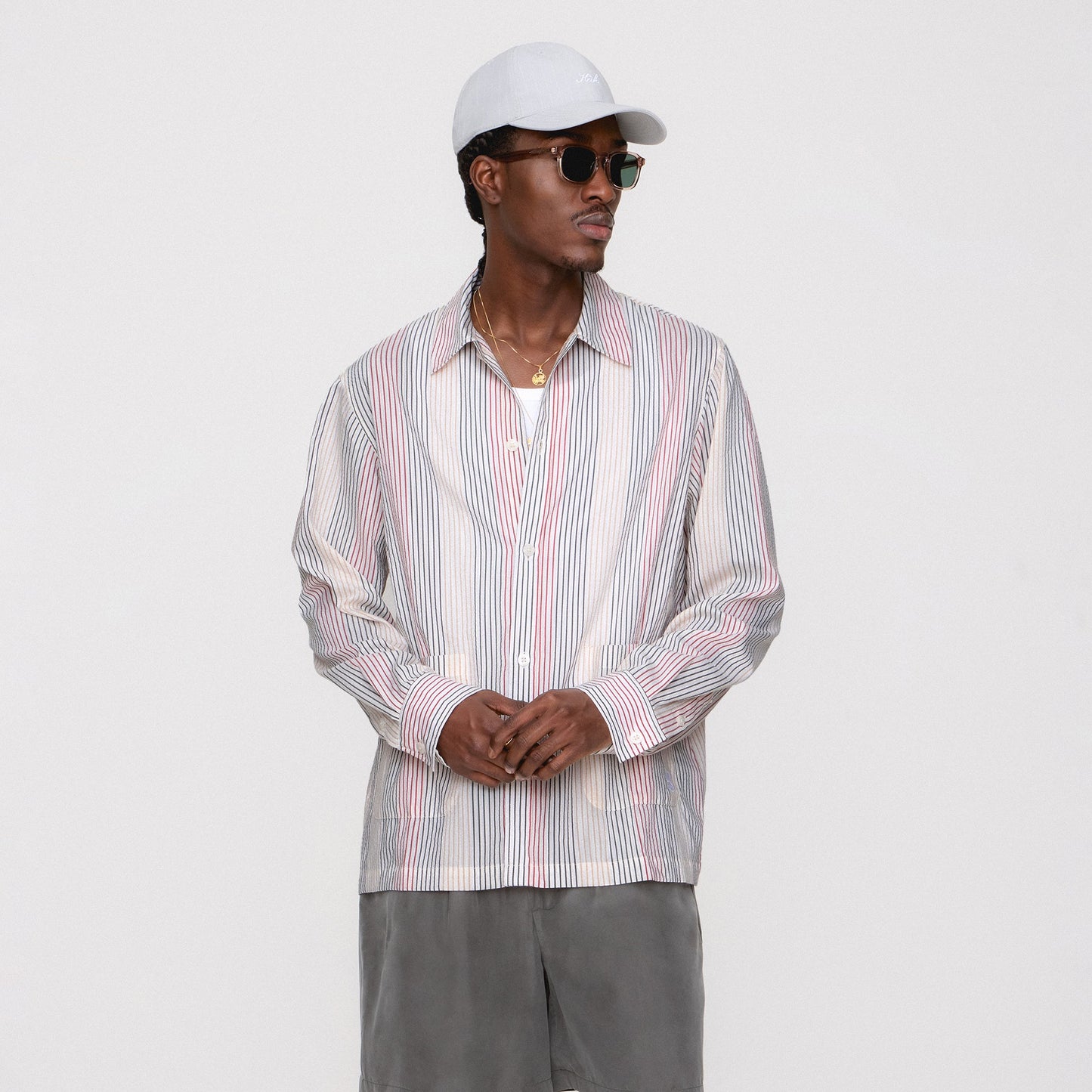 Kids|Men Kith Kith Seersucker Long Sleeve Boxy Collared Overshirt - White