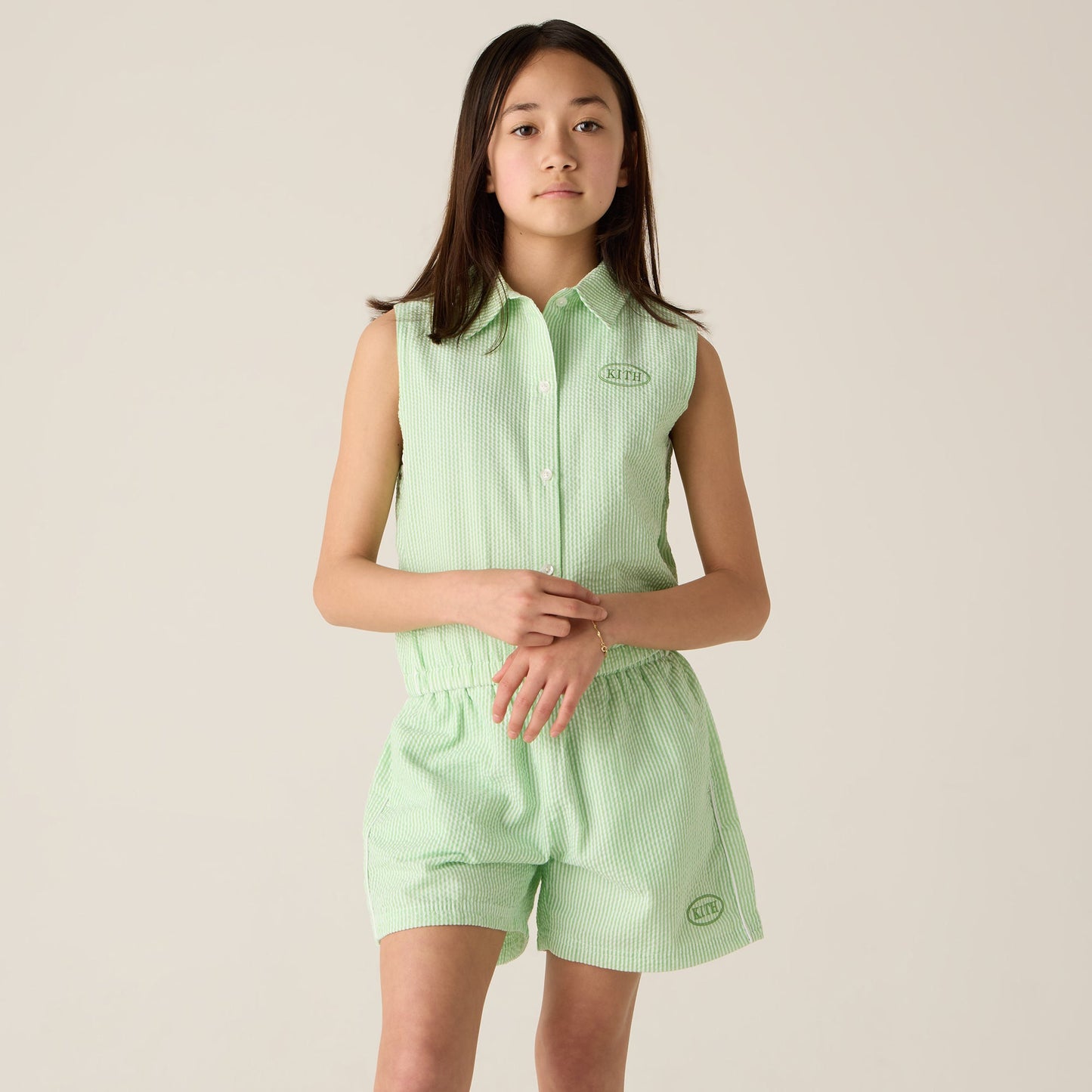 Kids Kith Kith Kids Seersucker Cropped Button Front Tank - Honeydew