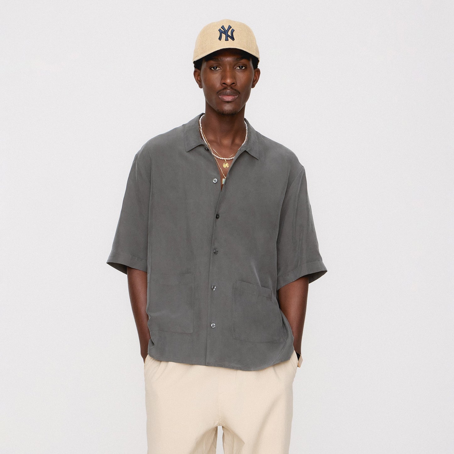 Men Kith &Kin Silk Habotai Short Sleeve Reade Shirt - Somber