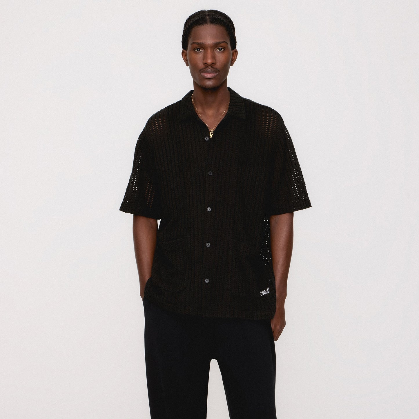 Men Kith Kith Cotton Mesh Thompson Camp Collar Shirt - Black