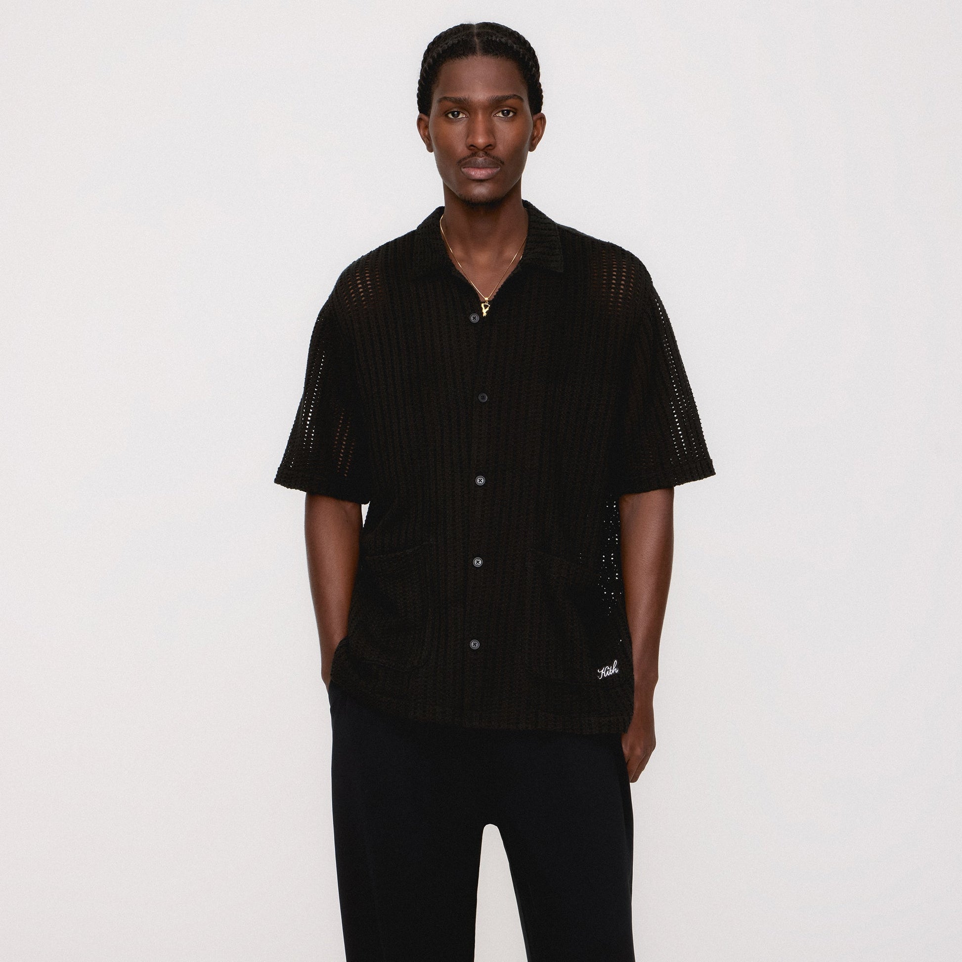 Men Kith Kith Cotton Mesh Thompson Camp Collar Shirt - Black