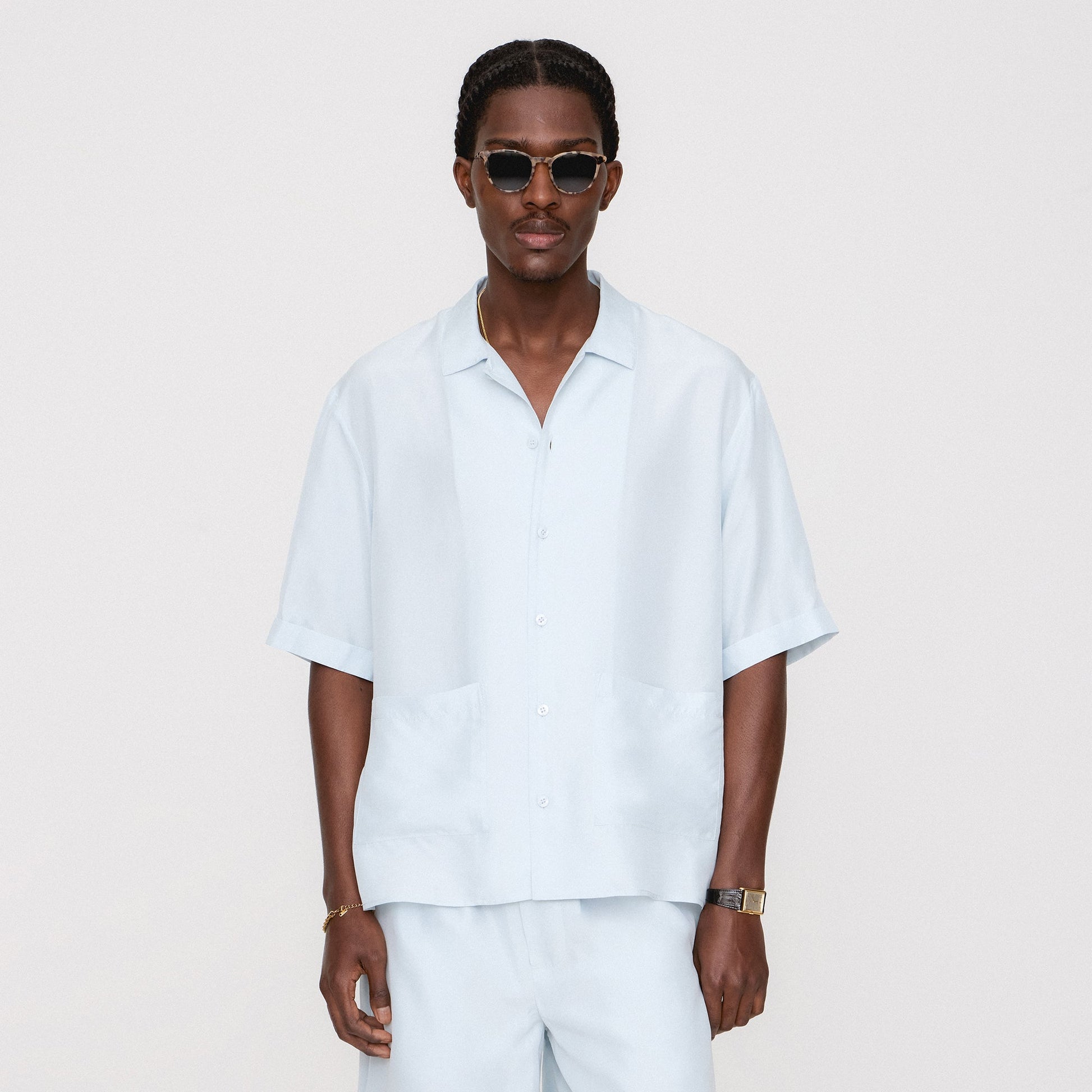 Men Kith &Kin Silk Habotai Short Sleeve Reade Shirt - Light Indigo