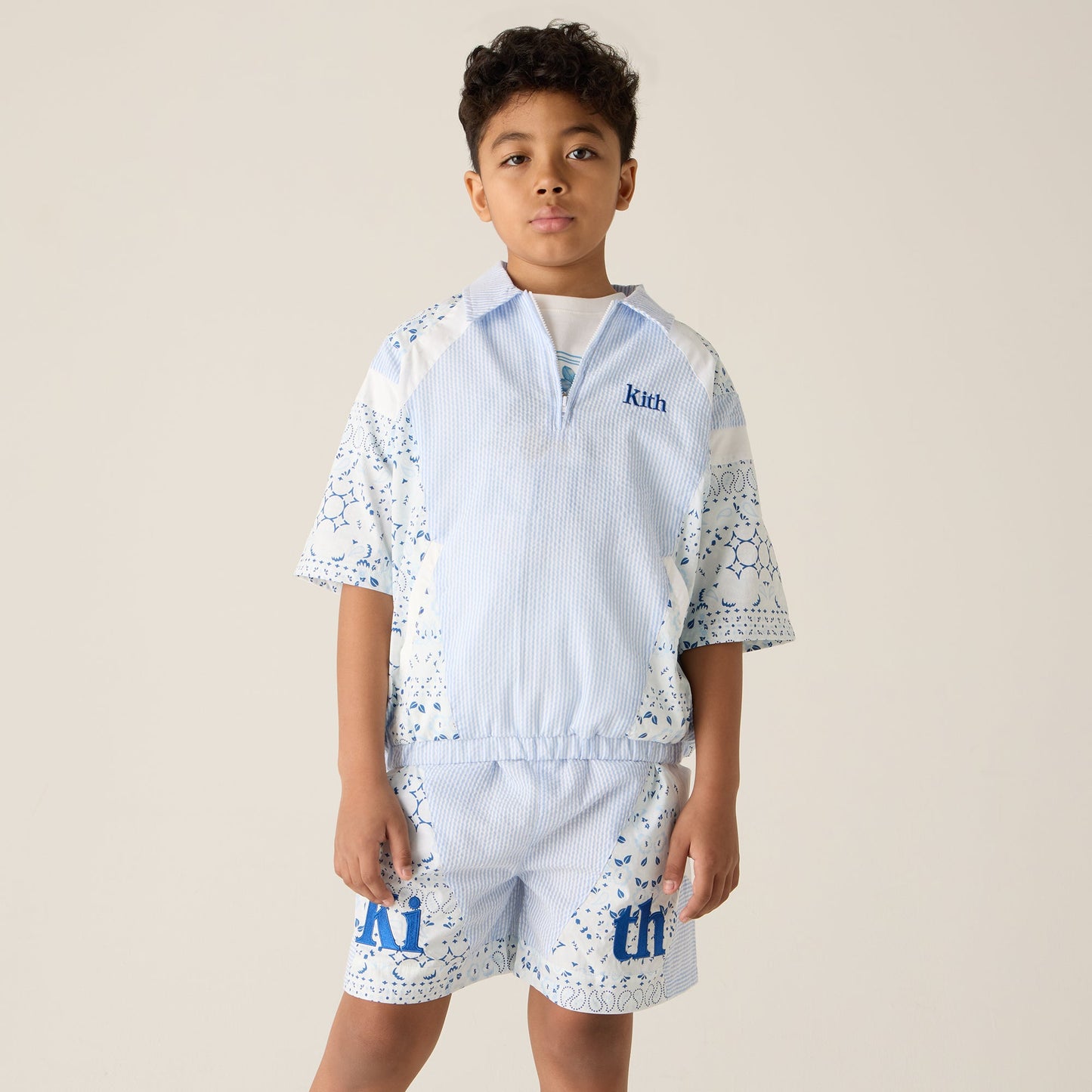Kids Kith Kith Kids Patchwork Linden Quarter Zip Polo - Larimar