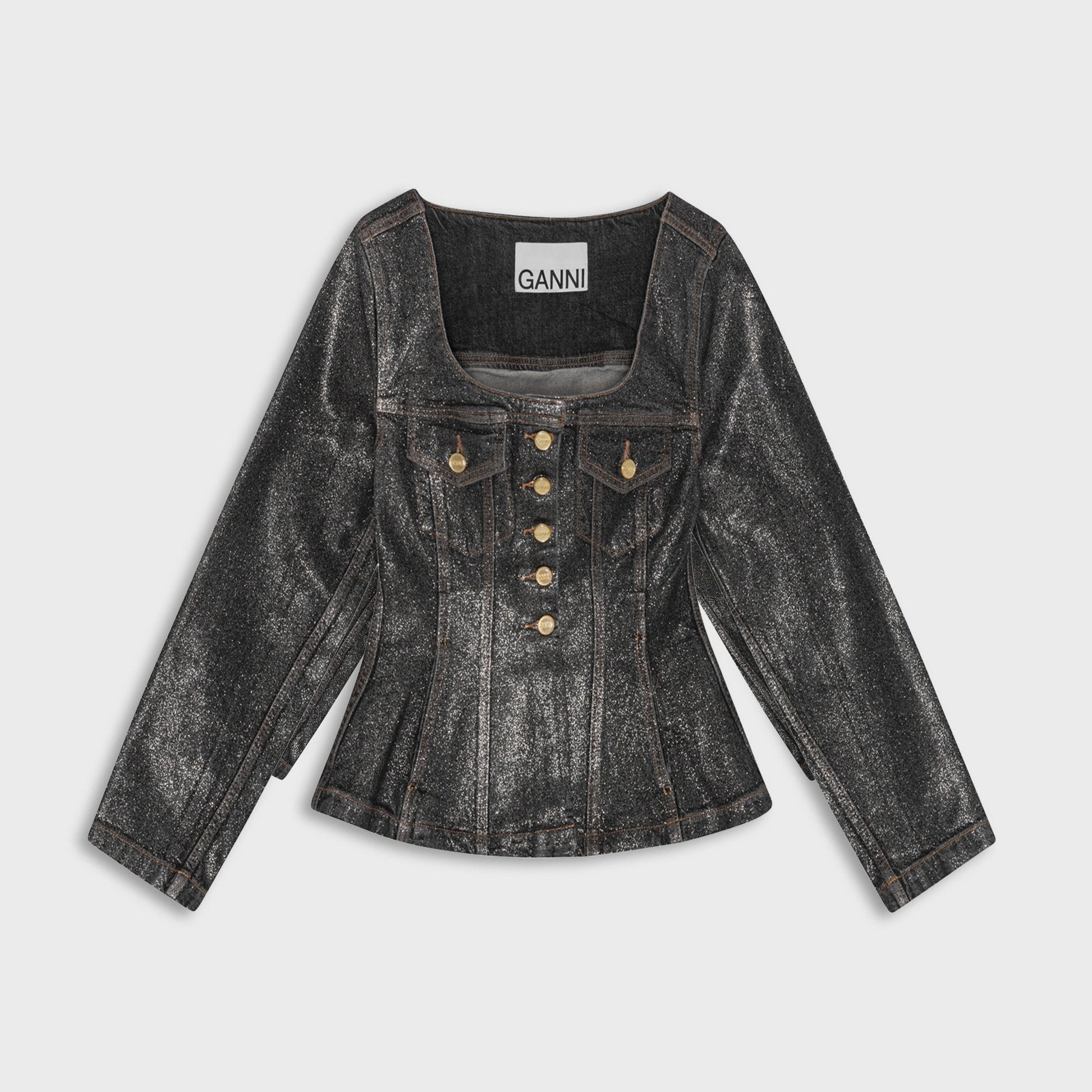 Women Kith Ganni Shimmery Foil Denim Fitted Blazer - Washed Black