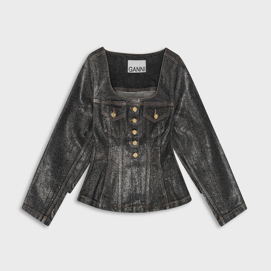 Women Kith Ganni Shimmery Foil Denim Fitted Blazer - Washed Black